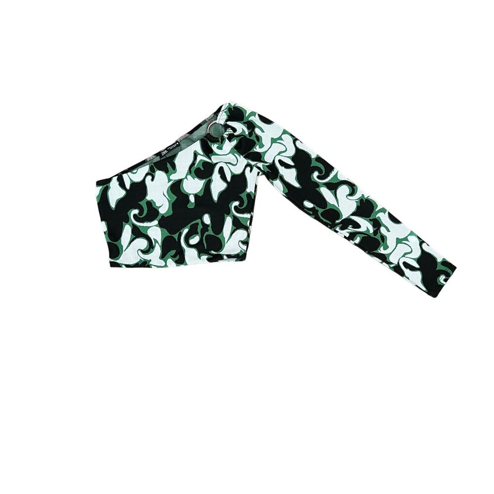 NWT Womens Zara Jacquard Asymetrical One Sleeve Green Cropped top Size M